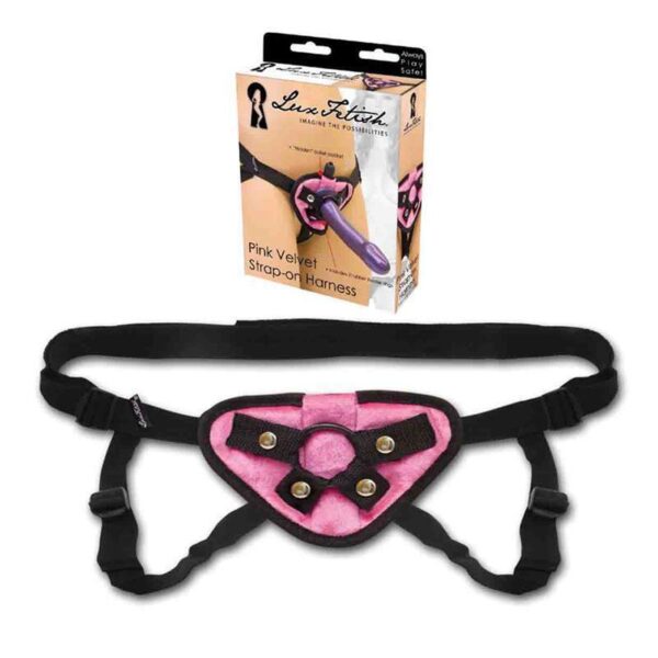 lux fetish pink velvet strap on harness