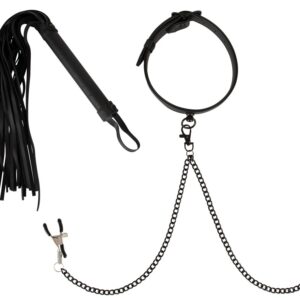 3-teiliges BDSM Set mit Halsfessel, Nippelklemmen und Peitsche Vegan Fetish Schw...