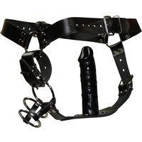 Riemen-String aus Leder mit Penis-/Hodenringen & Analdildo innen