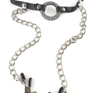 O-Ring Gag with Nipple Clamps Nippelklemmen Schwarz