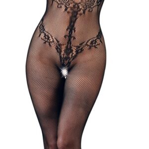 Catsuit ouvert, aus Netz, mit eingewebten Ornamenten in Spitzenoptik Schwarz